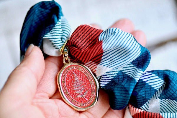 Message Enamel Wax Seal Charm Scrunchie |Green Plaid | Fern - Backtozero B20 - accessory, Blue, botanic, Botanical, Come to those who wait, enamel, fern, Good things take time, Green, hair, her, lapel, metal, Nature, plaid, Plant, plants, Red, scrunchie, soft enamel, starry, wax seal, White