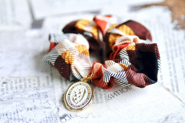 Message Enamel Wax Seal Charm Scrunchie |Orange Plaid | Lily of the Valley - Backtozero B20 - accessory, botanic, Botanical, Brown, enamel, flower, hair, her, lapel, lily of the valley, metal, Orange, plaid, Plant, plants, scrunchie, soft enamel, starry, wax seal, White, Yellow