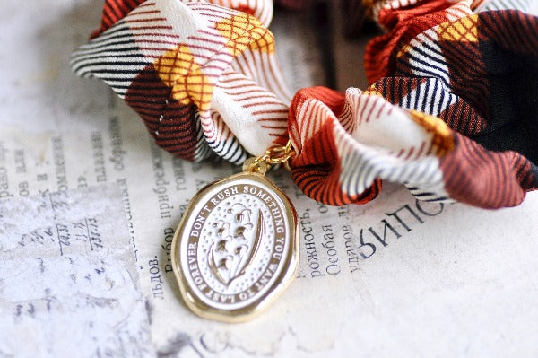 Message Enamel Wax Seal Charm Scrunchie |Orange Plaid | Lily of the Valley