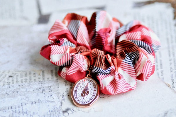Message Enamel Wax Seal Charm Scrunchie | Red Plaid | Seashell - Backtozero B20 - accessory, enamel, hair, her, lapel, metal, ocean, ornage, plaid, Red, rose gold, scrunchie, sea, seashell, shell, soft enamel, soul, starry, wax seal, White