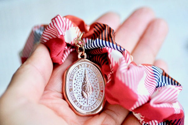 Message Enamel Wax Seal Charm Scrunchie | Red Plaid | Seashell - Backtozero B20 - accessory, enamel, hair, her, lapel, metal, ocean, ornage, plaid, Red, rose gold, scrunchie, sea, seashell, shell, soft enamel, soul, starry, wax seal, White