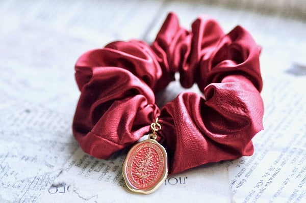 Message Enamel Wax Seal Charm Scrunchie | Satin S Red | Fern - Backtozero B20 - accessory, botanic, Botanical, Come to those who wait, enamel, fern, Gold, Good things take time, hair, her, lapel, metal, Nature, Plant, plants, Red, satin, scrunchie, soft enamel, starry, wax seal