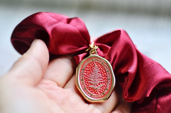 Message Enamel Wax Seal Charm Scrunchie | Satin S Red | Fern - Backtozero B20 - accessory, botanic, Botanical, Come to those who wait, enamel, fern, Gold, Good things take time, hair, her, lapel, metal, Nature, Plant, plants, Red, satin, scrunchie, soft enamel, starry, wax seal