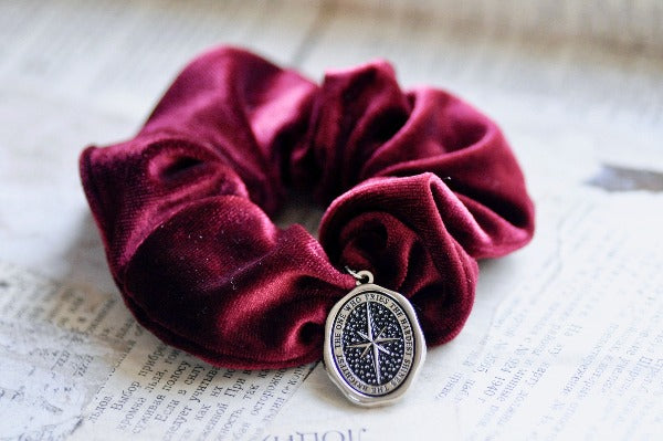 Message Enamel Wax Seal Charm Scrunchie | Velvet Red | Star - Backtozero B20 - accessory, enamel, hair, her, lapel, metal, Red, scrunchie, shine, Silver, soft enamel, star, starry, velvet, wax seal