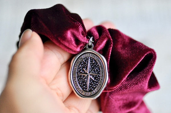 Message Enamel Wax Seal Charm Scrunchie | Velvet Red | Star - Backtozero B20 - accessory, enamel, hair, her, lapel, metal, Red, scrunchie, shine, Silver, soft enamel, star, starry, velvet, wax seal