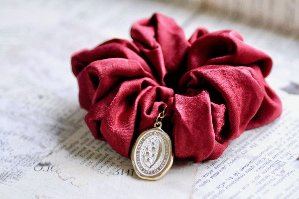 Message Enamel Wax Seal Charm Scrunchie | Satin Red | Lily of the Valley - Backtozero B20 - accessory, botanic, Botanical, enamel, Flower, Gold, hair, her, lapel, lily of the valley, metal, Nature, satin, scrunchie, soft enamel, starry, wax seal
