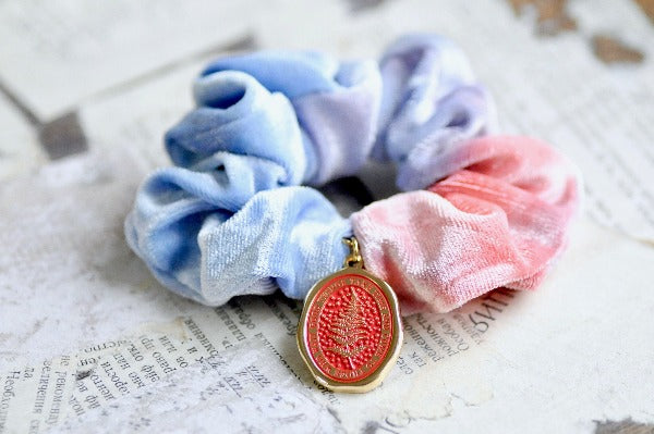Message Enamel Wax Seal Charm Scrunchie | Blue Tie-Dye | Fern - Backtozero B20 - accessory, Blue, botanic, Botanical, Come to those who wait, enamel, fern, flannel, Gold, Good things take time, hair, her, lapel, metal, Nature, Plant, plants, Purple, scrunchie, soft enamel, starry, tie dye, wax seal