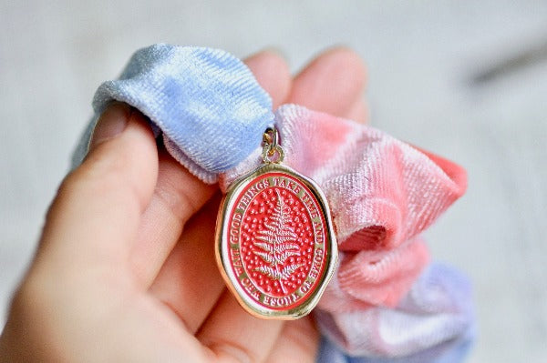 Message Enamel Wax Seal Charm Scrunchie | Blue Tie-Dye | Fern - Backtozero B20 - accessory, Blue, botanic, Botanical, Come to those who wait, enamel, fern, flannel, Gold, Good things take time, hair, her, lapel, metal, Nature, Plant, plants, Purple, scrunchie, soft enamel, starry, tie dye, wax seal