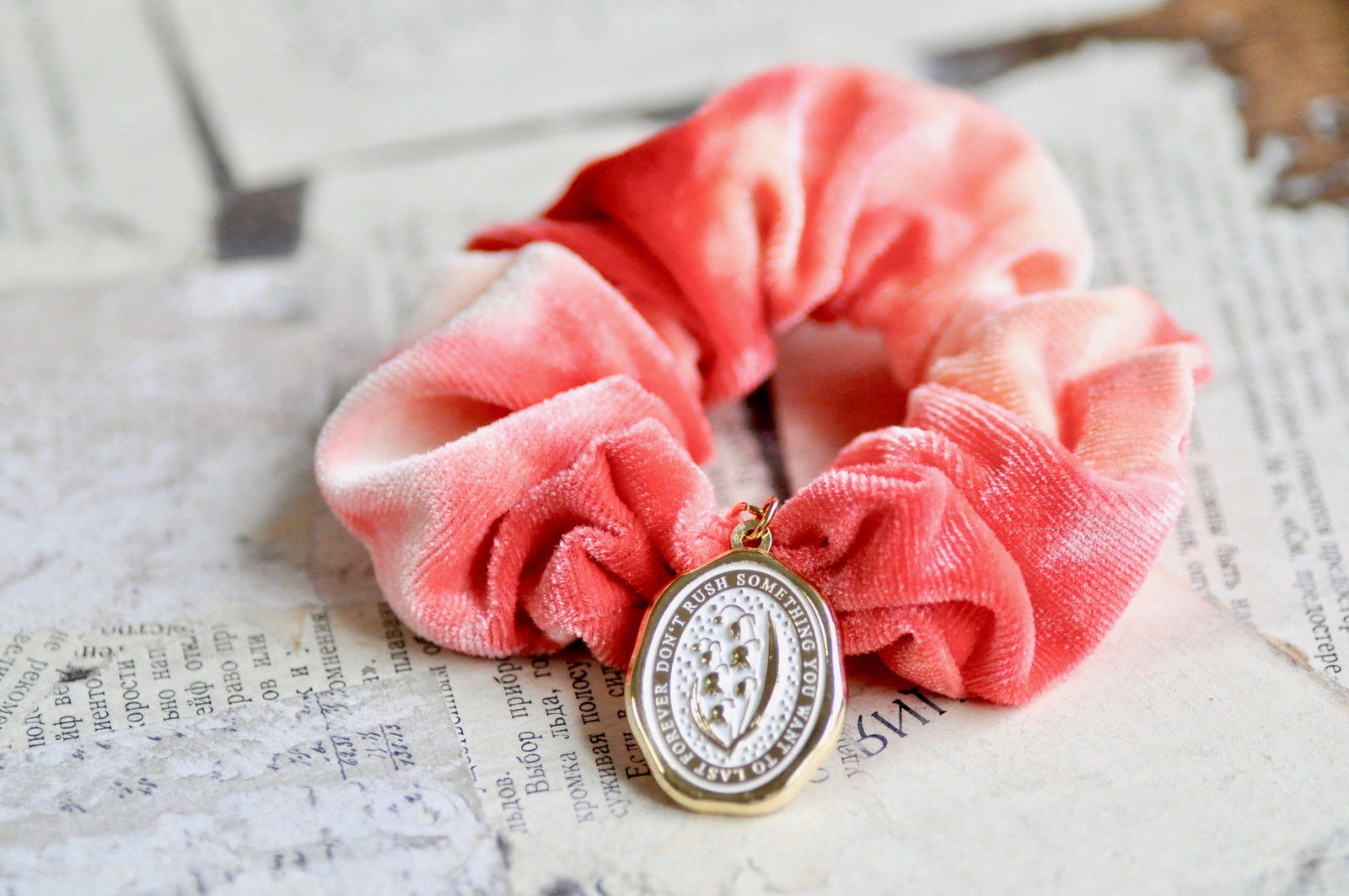 Message Enamel Wax Seal Charm Scrunchie | Red Tie-Dye | Lily of the Valley - Backtozero B20 - accessory, enamel, flannel, flower, gold, hair, her, lapel, lily of the valley, metal, pink, Red, scrunchie, soft enamel, star, starry, Stars, tie dye, wax seal