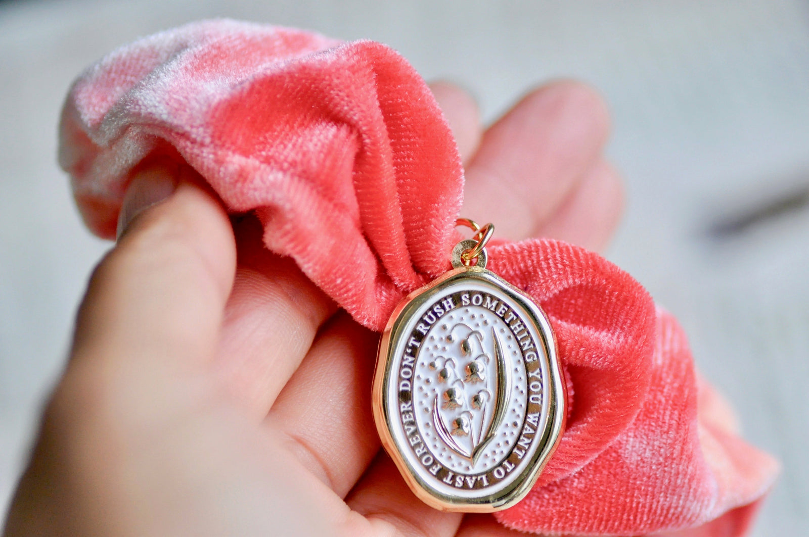 Message Enamel Wax Seal Charm Scrunchie | Red Tie-Dye | Lily of the Valley - Backtozero B20 - accessory, enamel, flannel, flower, gold, hair, her, lapel, lily of the valley, metal, pink, Red, scrunchie, soft enamel, star, starry, Stars, tie dye, wax seal