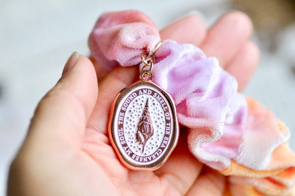 Message Enamel Wax Seal Charm Scrunchie | Orange Tie-Dye | Seashell - Backtozero B20 - accessory, enamel, flannel, hair, her, lapel, metal, ocean, Orange, Pink, rose gold, scrunchie, sea, seashell, shell, soft enamel, soul, starry, tie dye, wax seal