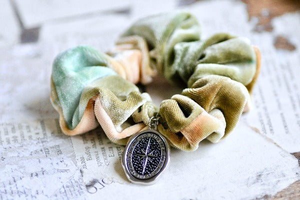 Message Enamel Wax Seal Charm Scrunchie | Green Tie-Dye | Star - Backtozero B20 - accessory, enamel, flannel, Green, hair, her, lapel, metal, scrunchie, shine, soft enamel, star, starry, Stars, tie dye, wax seal