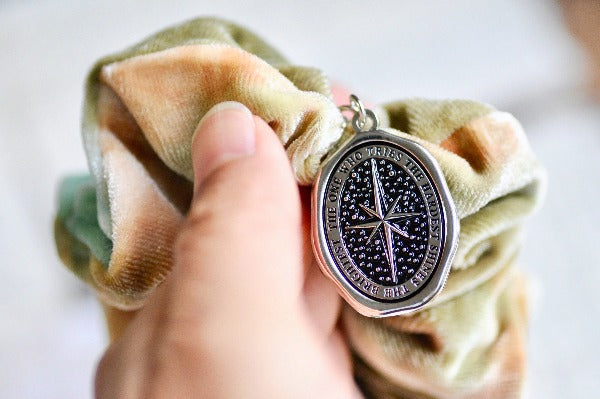 Message Enamel Wax Seal Charm Scrunchie | Green Tie-Dye | Star - Backtozero B20 - accessory, enamel, flannel, Green, hair, her, lapel, metal, scrunchie, shine, soft enamel, star, starry, Stars, tie dye, wax seal