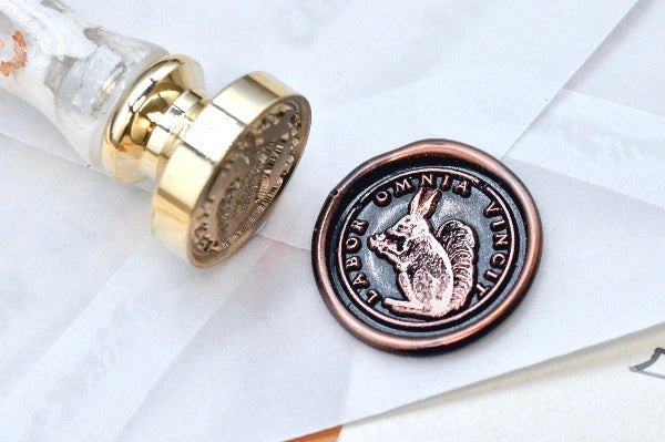 Squirrel Latin Motto Wax Seal Stamp | S - Backtozero B20 - antique, dedication, determination, hard work, latin, latin motto, Message, Retro, Signature, signaturehandle, success