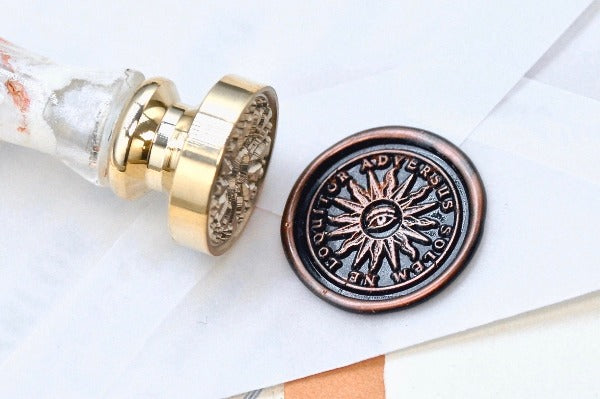 Sun with Eye Latin Motto Wax Seal Stamp | S - Backtozero B20 - antique, energy, eye, focus, latin, latin motto, Message, Retro, Signature