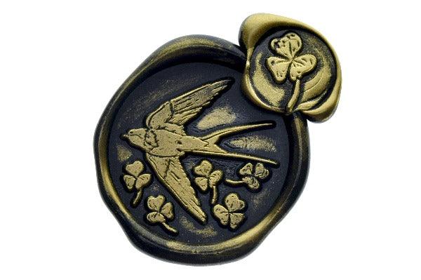 Swallow & Clover Wax Seal Stamp Set - Backtozero B20 - Bird, black, botanic, Botanical, Clover, gold metallic powder, gold powder, luck, mini, newarrivals, set, Shamrock, Signature, signaturehandle, spring, swallow