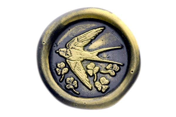Swallow & Clover Wax Seal Stamp - Backtozero B20 - bird, black, botanic, Botanical, clover, gold metallic powder, leaf, luck, lucky, metallic powder, newarrivals, shamrock, Signature, signaturehandle, spring, swallow