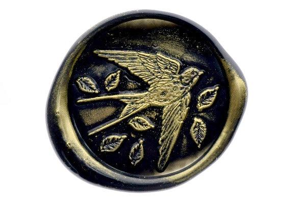 Swallow & Leaves Wax Seal Stamp - Backtozero B20 - bird, black, botanic, Botanical, gold metallic powder, Leaf, Leafs, leaves, metallic powder, newarrivals, Signature, signaturehandle, spring, swallow