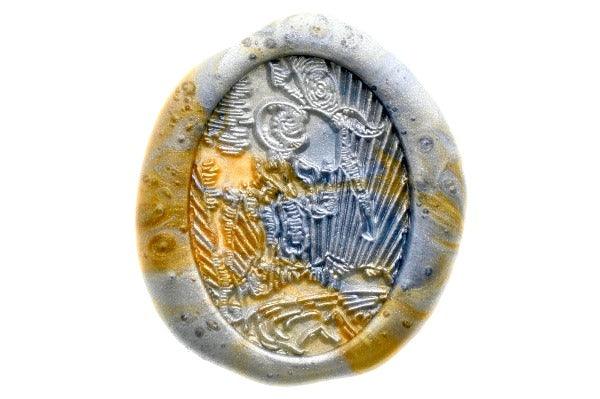 Starburst Zodiac Taurus Wax Seal Stamp - Backtozero B20 - animal, bull, light gold, marble, marble wax, Metallic Blue, nature, oval, Signature, signaturehandle, Silver, starburst, zodiac