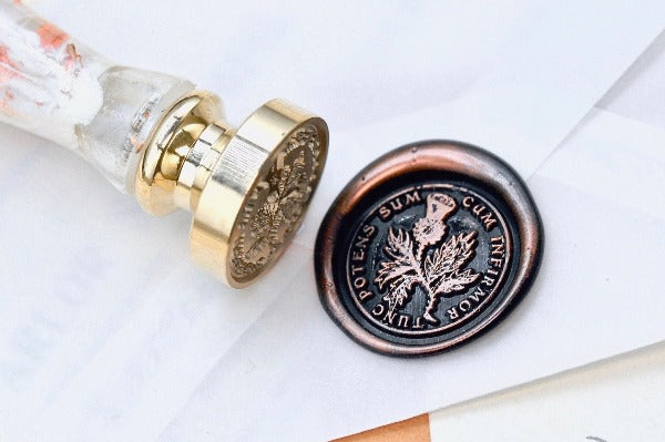 Thistle Latin Motto Wax Seal Stamp | S - Backtozero B20 - antique, Botanical, Flower, latin, latin motto, Message, Retro, Signature, signaturehandle, strength, thristle