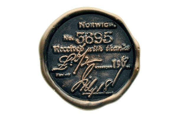 Retro Receipt Texture Wax Seal Stamp | 1-2 - Backtozero B20 - 3695, background, black, copper dust, copper powder, hand writing, handwriting, motto, norwich, receipt, retro, Signature, signaturehandle, texture, ticket, Words, writing