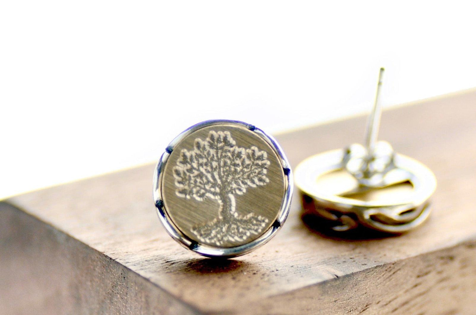Tree of Life Scalloped Signet Earrings - Backtozero B20 - brass, earrings, scalloped earrings, scallopedearrings, signet, silver, stud, stud earrings