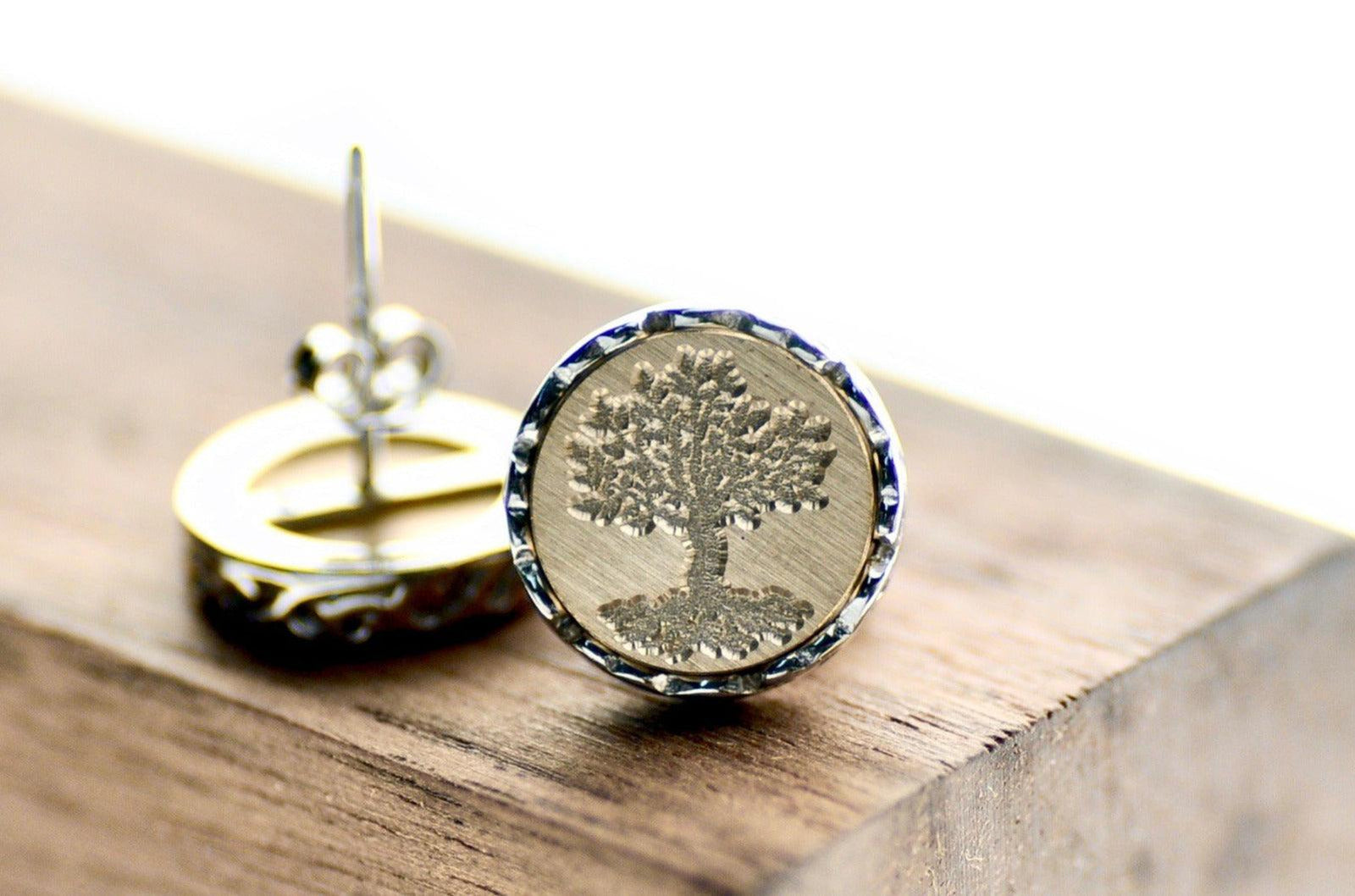 Tree of Life Filigree Signet Earrings - Backtozero B20 - brass, earrings, filigree, filigree earrings, filigreeearrings, Plant, signet, silver, stud, stud earrings