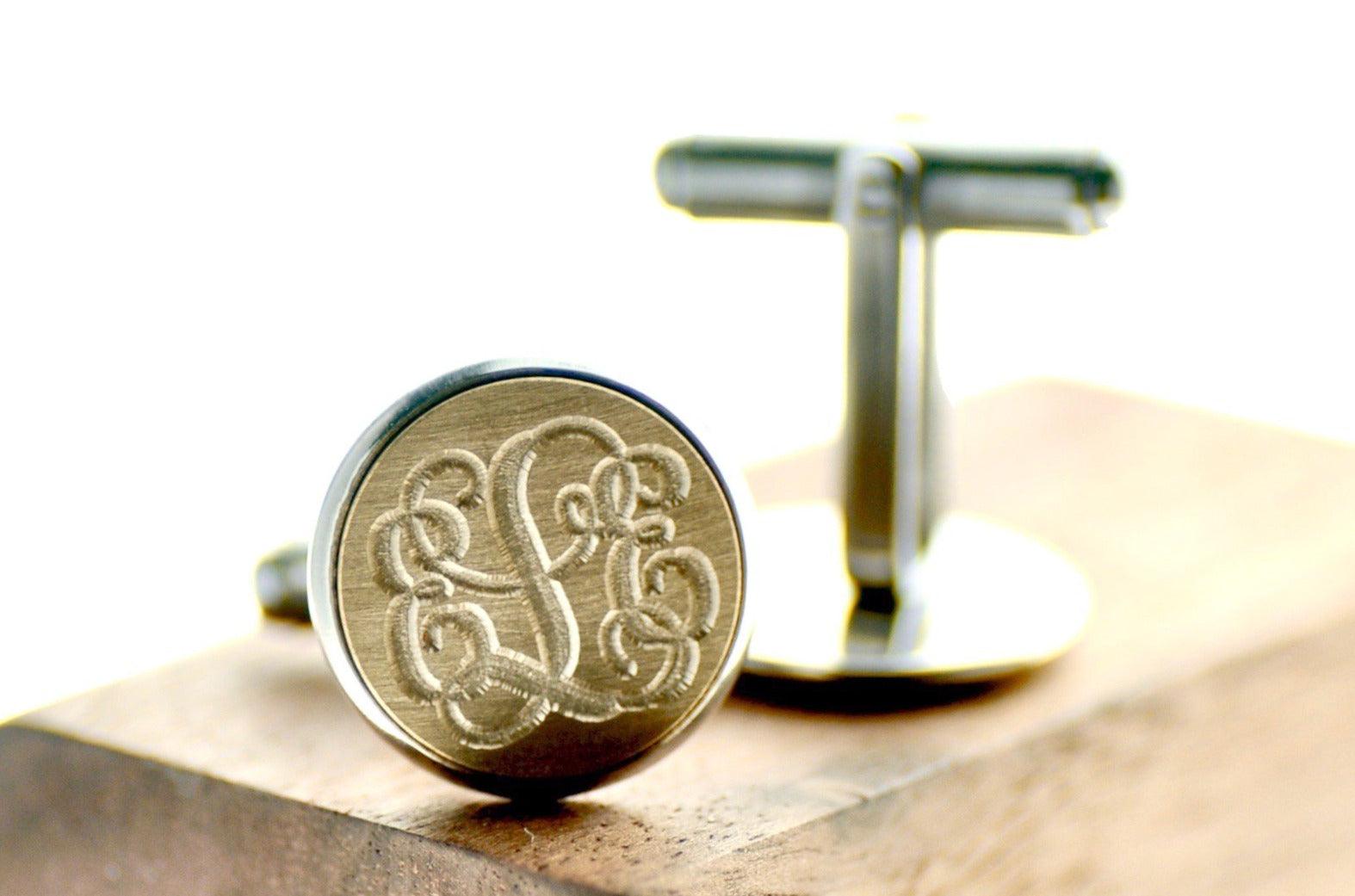Vine Monogram Triple Initials Signet Cufflinks - Backtozero B20 - 14mm, 3 initials, 3initials, brass, cufflinks, Custom, him, monogram, Personalized, signet, stainless steel, Triple Initials, Wedding