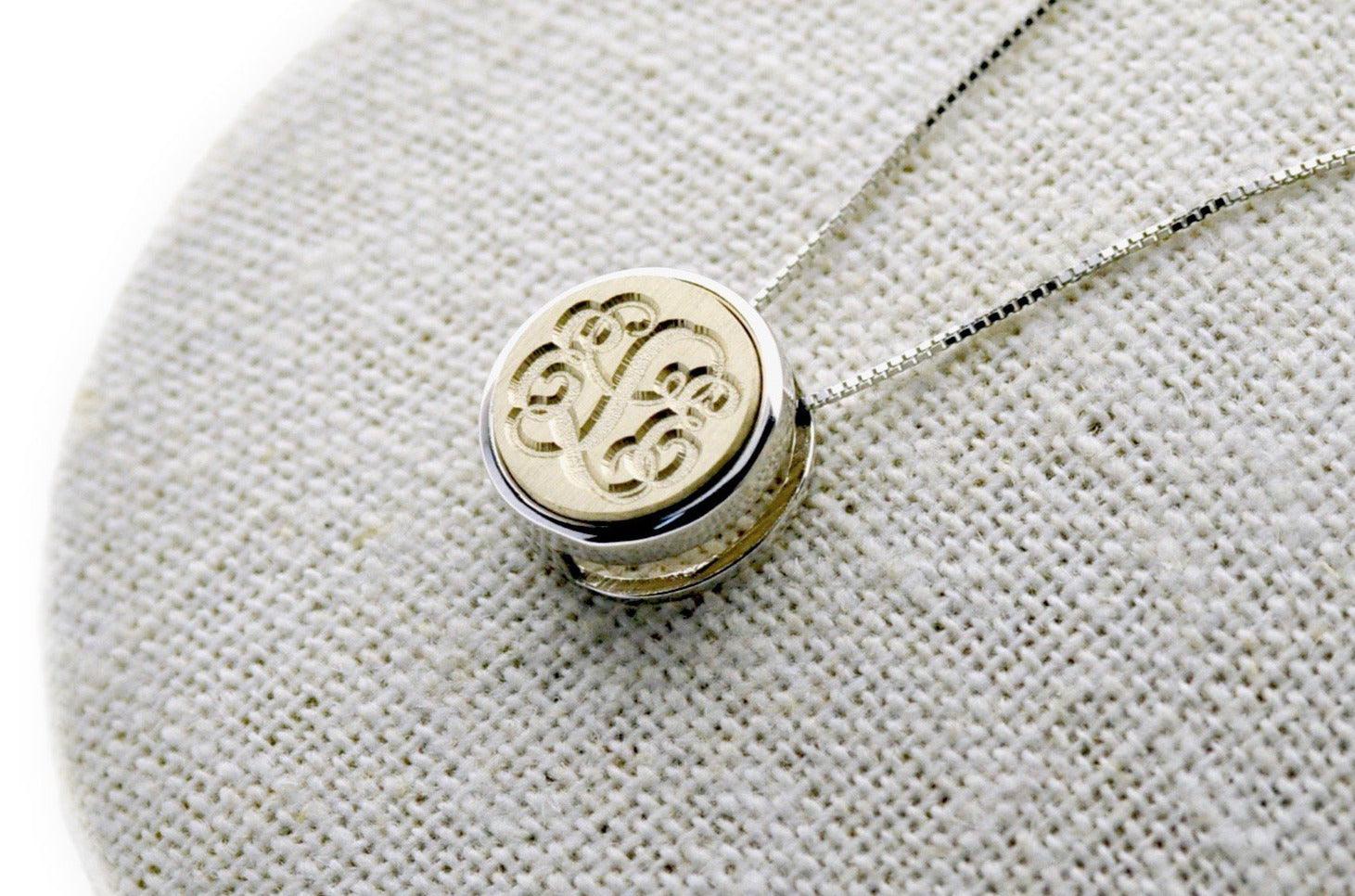Vine Monogram Triple Initial Floating Signet Necklace - Backtozero B20 - 12mm, 12mm necklace, 3 initials, 3initials, bead, brass, charm, floating, minimal, minimalnecklace, necklace, Personalized, signet, signet necklace, silver, Three initials, Triple Initials, Wedding