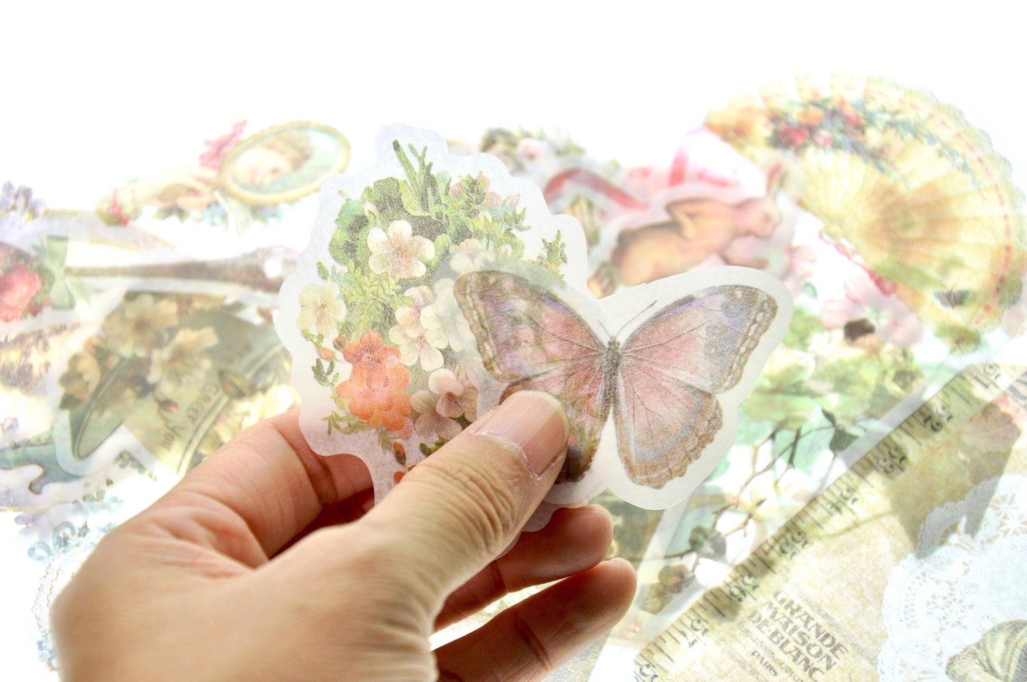 Translucent Stickers Set | Vintage Deco - Backtozero B20 - floral, Flower, flowers, hand, hand gesture, paper, Plant, plants, sticker, translucent, vintage, washi