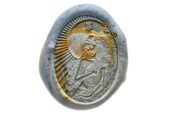 Starburst Zodiac Virgo Wax Seal Stamp - Backtozero B20 - light gold, marble, marble wax, Metallic Blue, nature, oval, Signature, signaturehandle, Silver, starburst, zodiac