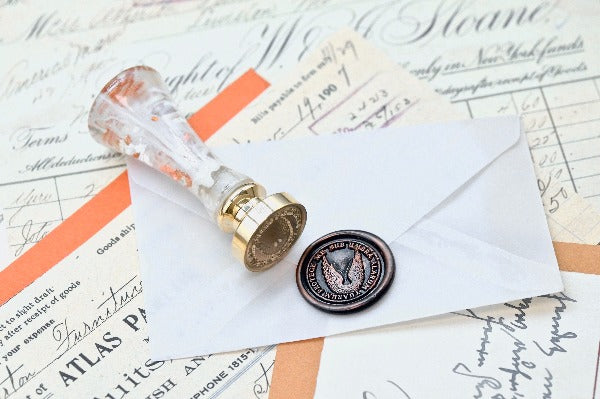 Wings Latin Motto Wax Seal Stamp | S - Backtozero B20 - antique, latin, latin motto, Message, protection, Retro, secure, Signature, signaturehandle