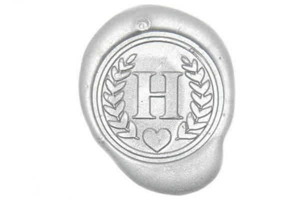 Wreath Heart Initial Wax Seal Stamp - Backtozero B20 - 1 initial, 1initial, genericlonghandle, Laurel Wreath, Monogram, One Initial, Personalized, Silver, wreath